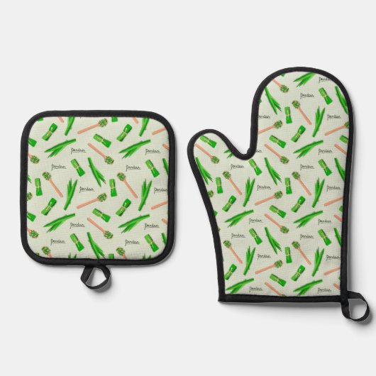 Pandan Leaf Pattern Oven Mitt & Pot Holders 鍋つかみ&鍋敷きセット (正面)