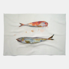 Paño de cocina con pescados en acuarela キッチンタオル