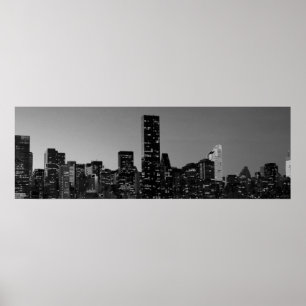 Panoramic Black White New York City Night ポスター
