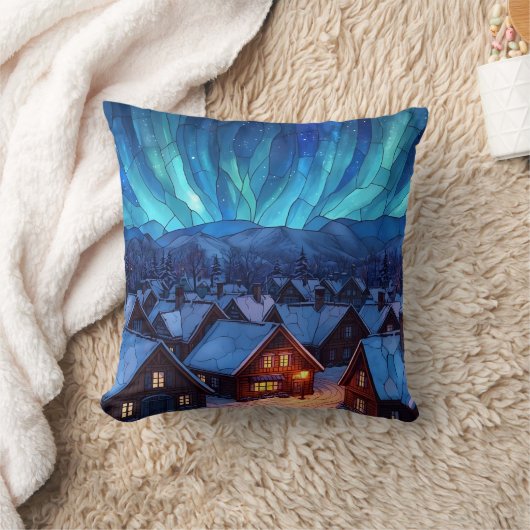Panoramic Stained Glass Winter Village クッション (ブランケット)