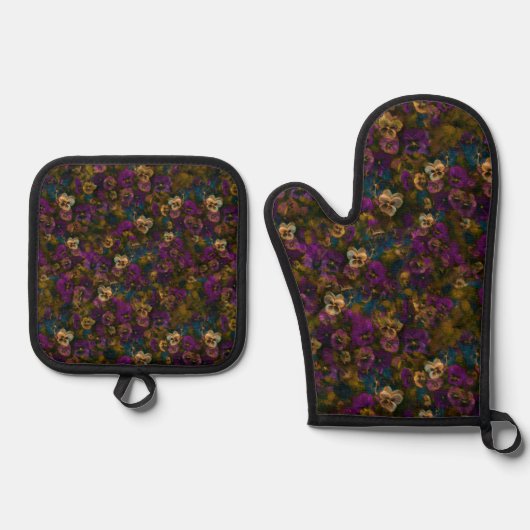 Pansies [gold] Oven Mitt and Pot Holders 鍋つかみ&鍋敷きセット (正面)