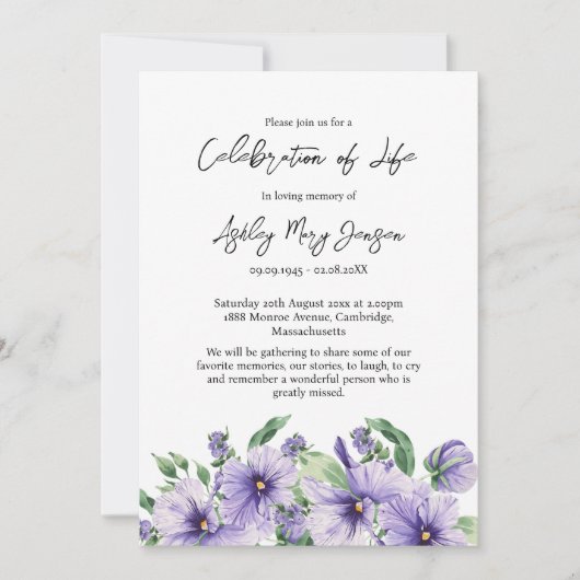 Pansy Celebration of Life Funeral 招待状 (正面)