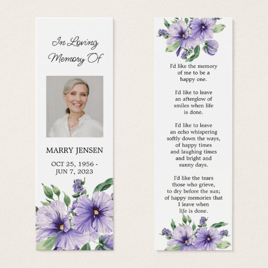 Pansy Floral Photo Funeral Memorial Bookmark (正面&裏面)