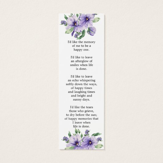 Pansy Floral Photo Funeral Memorial Bookmark (裏面)
