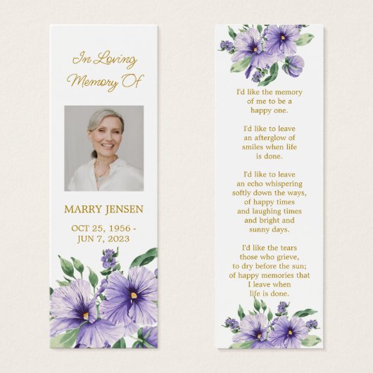 Pansy Floral Photo Funeral Memorial Bookmark (正面&裏面)