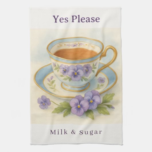 Pansy Teacup Tea Towel | Yes Please Milk & Sugar キッチンタオル (縦)