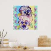 Pansy Watercolor Flower Painting Aqua Poster ポスター (キッチン)