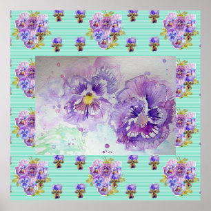 Pansy Watercolor Painting art Purple flower Poster ポスター