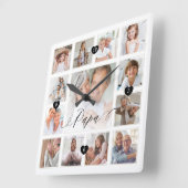 PAPAスクリプトファミリーメモリーフォトグリッドコラージュ スクエア壁時計 (傾斜)