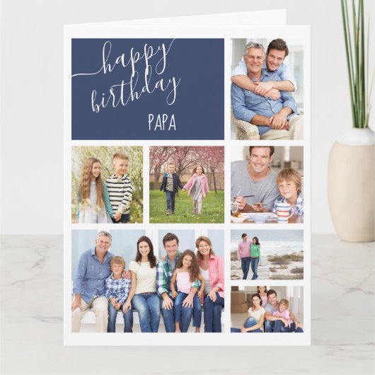 Papa 7フォトコラージングブルーパーソナライズされた誕生日 カード (正面)