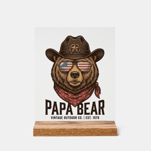 Papa Bear Cowboy Bear Patriotic Vintage Vector Des アクリルサイン (正面)