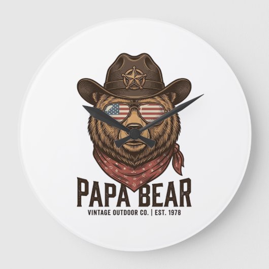 Papa Bear Cowboy Bear Patriotic Vintage Vector Des ラージ壁時計 (正面)