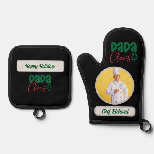 Papa Clause Chef Personalized Photo and Name Gift 鍋つかみ&鍋敷きセット (正面)