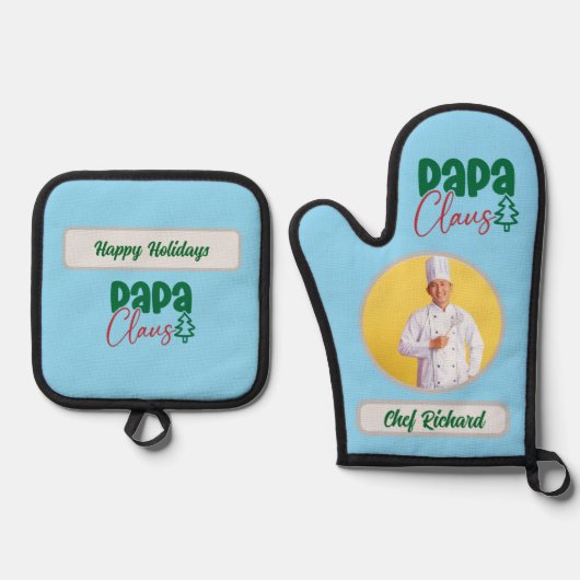 Papa Clause Chef Personalized Photo and Name Gift 鍋つかみ&鍋敷きセット (正面)