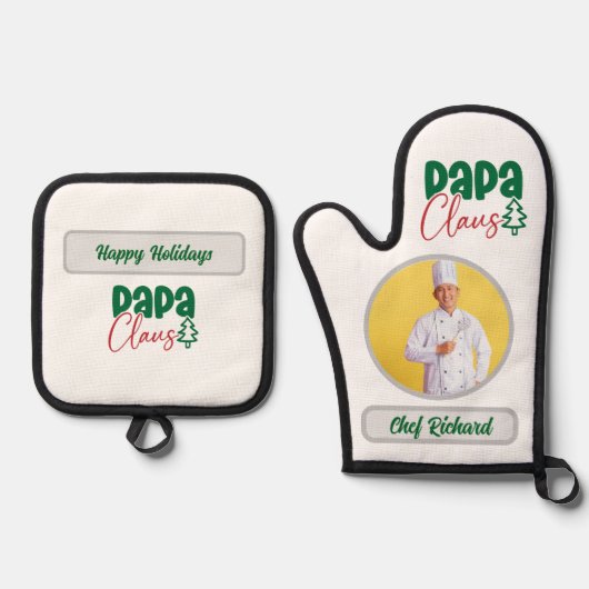 Papa Clause Chef Personalized Photo and Name Gift 鍋つかみ&鍋敷きセット (正面)