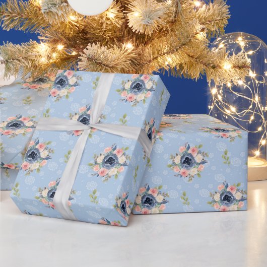 Papel De Regalo elegant flowers blue and pink ラッピングペーパー (クリスマス)