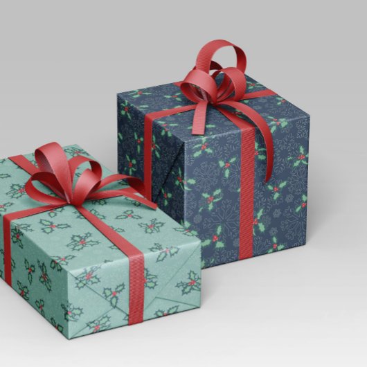 Papel navideño con copos de nieve y acebo ラッピングペーパー