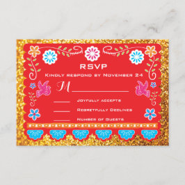 Papel PicadoのメキシコフェスタRSVPの金ゴールドのグリッター 出欠カード