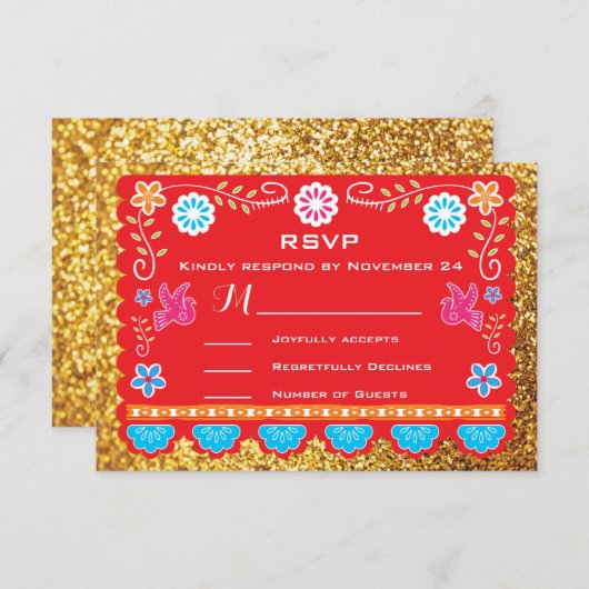 Papel PicadoのメキシコフェスタRSVPの金ゴールドのグリッター 出欠カード (正面/裏面)