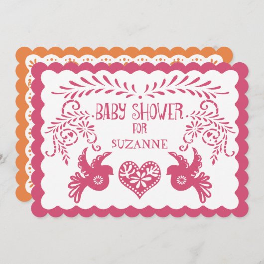 Papel Picadoの女の赤ちゃんのシャワーのピンクのオレンジのフェスタ 招待状 (正面/裏面)