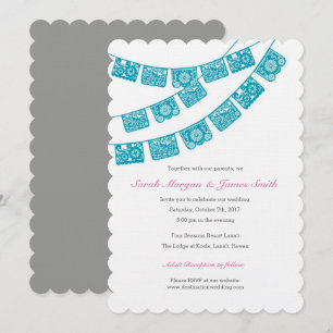 Papel Picadoの結婚披露宴の招待のティール(緑がかった色) 招待状