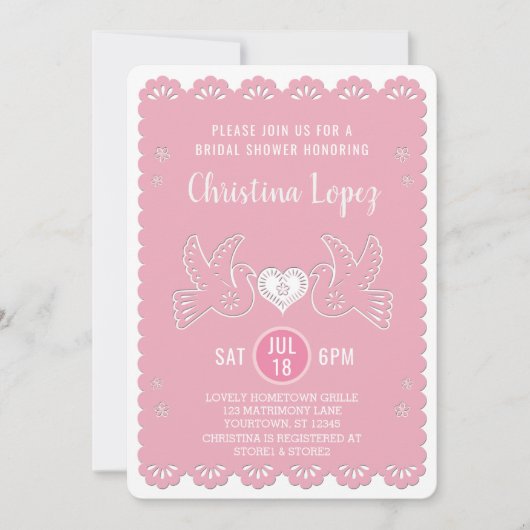 Papel Picado愛鳥のピンクのブライダルシャワー 招待状 (正面)