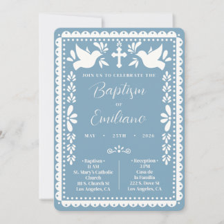 Papel Picado Baptism Invite Blue Mexican Fiesta 招待状