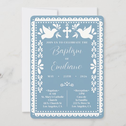 Papel Picado Baptism Invite Blue Mexican Fiesta 招待状 (正面)