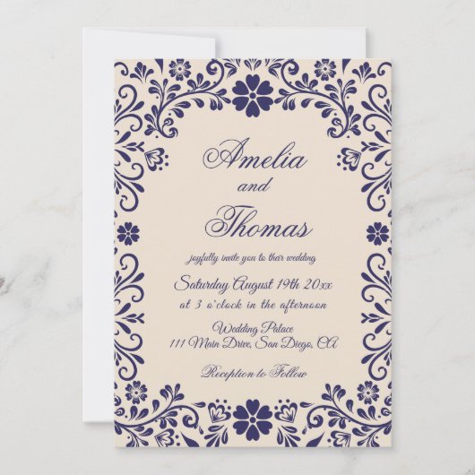 Papel Picado Beige Blue Mexican Wedding  招待状 (正面)