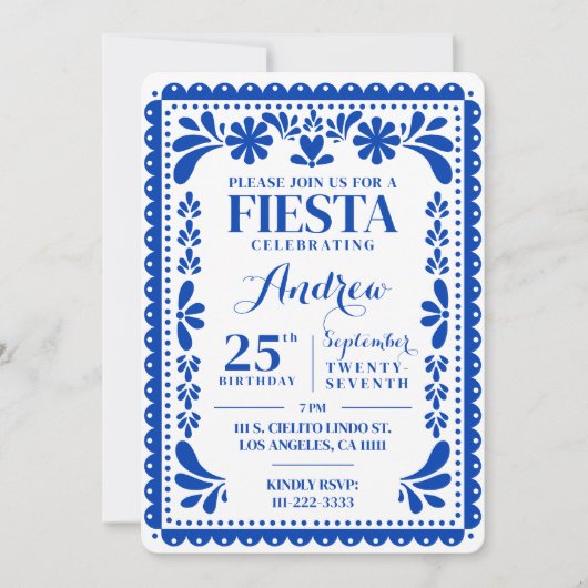 Papel Picado Birthday Invitation Blue Fiesta 招待状 (正面)