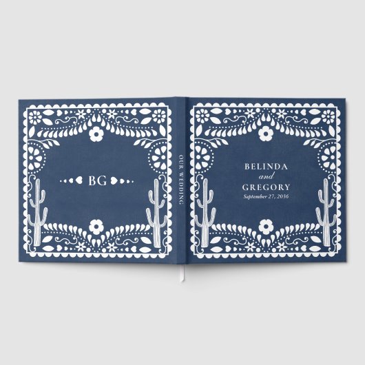 Papel Picado Boda Mexican Rustic Blue Wedding ゲストブック (全面)