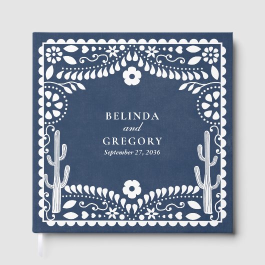 Papel Picado Boda Mexican Rustic Blue Wedding ゲストブック (正面)