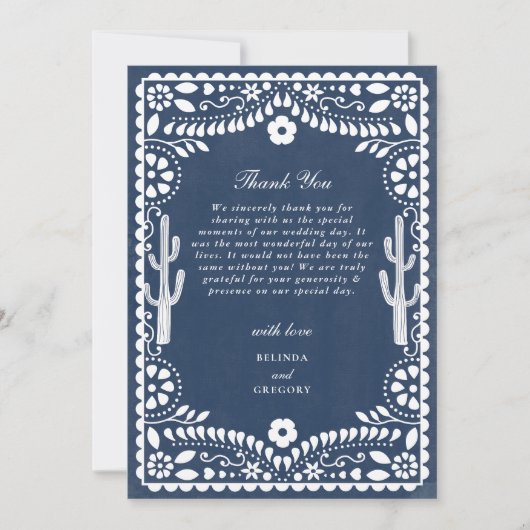 Papel Picado Boda Mexican Rustic Blue Wedding サンキューカード (正面)