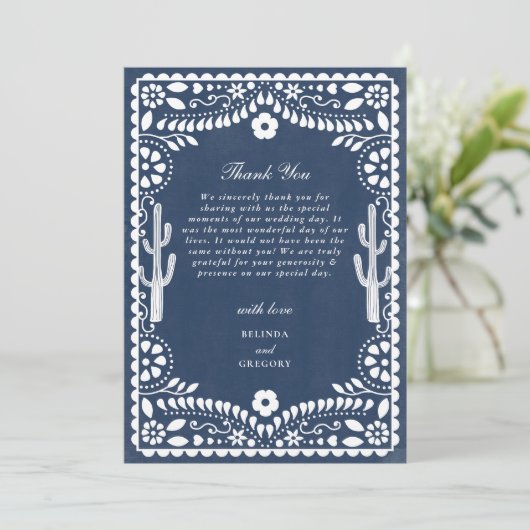Papel Picado Boda Mexican Rustic Blue Wedding サンキューカード (スタンド正面)