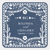 Papel Picado Boda Mexican Rustic Blue Wedding スクエアシール (正面)