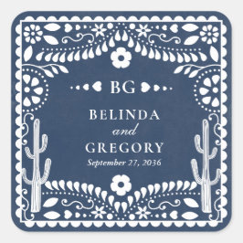 Papel Picado Boda Mexican Rustic Blue Wedding スクエアシール