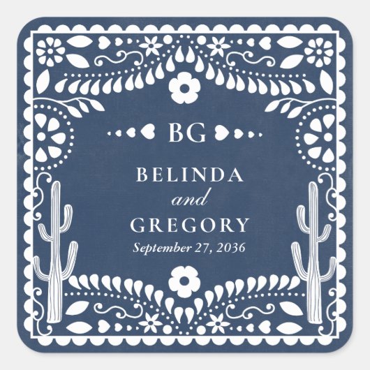 Papel Picado Boda Mexican Rustic Blue Wedding スクエアシール (正面)