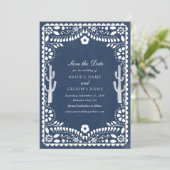 Papel Picado Boda Mexican Rustic Blue Wedding セーブザデート (スタンド正面)