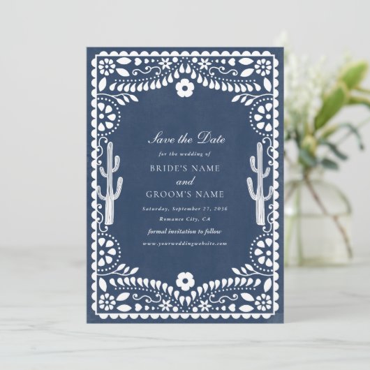 Papel Picado Boda Mexican Rustic Blue Wedding セーブザデート (スタンド正面)