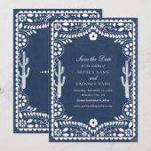 Papel Picado Boda Mexican Rustic Blue Wedding セーブザデート (正面/裏面)