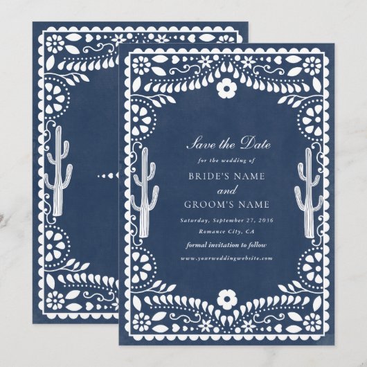 Papel Picado Boda Mexican Rustic Blue Wedding セーブザデート (正面/裏面)