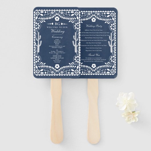 Papel Picado Boda Mexican Rustic Blue Wedding  ハンドファン (正面&裏面)