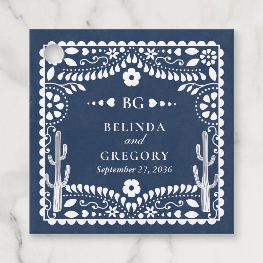 Papel Picado Boda Mexican Rustic Blue Wedding フェイバータグ (正面)