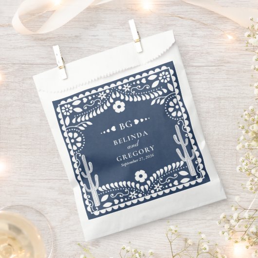 Papel Picado Boda Mexican Rustic Blue Wedding フェイバーバッグ (クリップ留めされた状態)