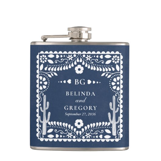 Papel Picado Boda Mexican Rustic Blue Wedding フラスク (正面)