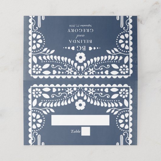Papel Picado Boda Mexican Rustic Blue Wedding プレイスカード (外部開封)