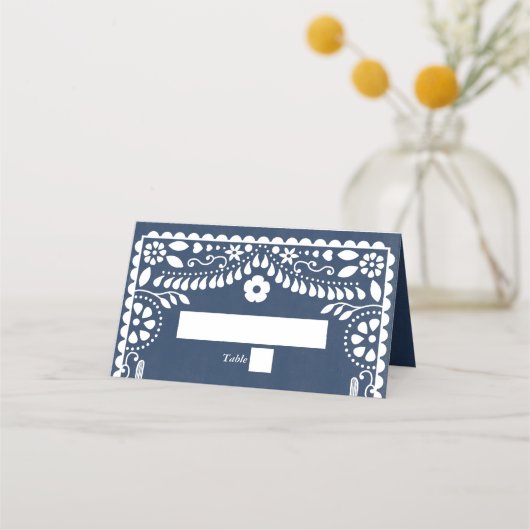 Papel Picado Boda Mexican Rustic Blue Wedding プレイスカード (正面)