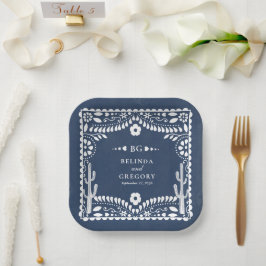 Papel Picado Boda Mexican Rustic Blue Wedding ペーパープレート