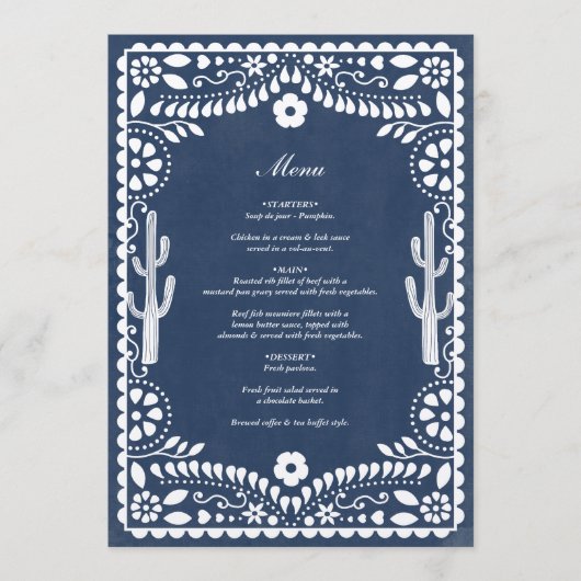 Papel Picado Boda Mexican Rustic Blue Wedding メニュー (正面)