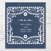 Papel Picado Boda Mexican Rustic Blue Wedding ワインラベル (シングルラベル)
